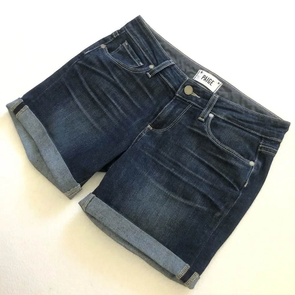 Paige Grant Bennett Mid Rise Med Wash Stretch Denim Blue Jeans Cuffed Shorts 24